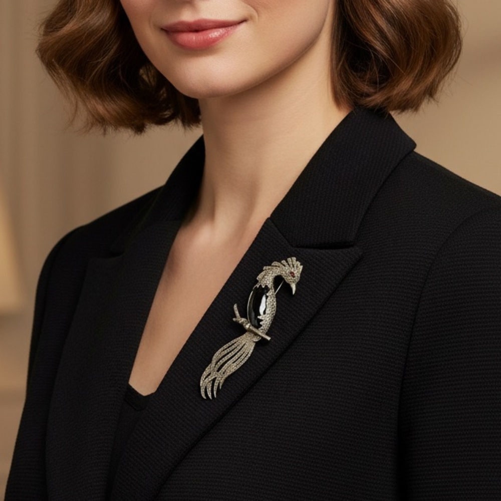 Art Deco Style Bird Of Paradise Silver & Marcasite Brooch